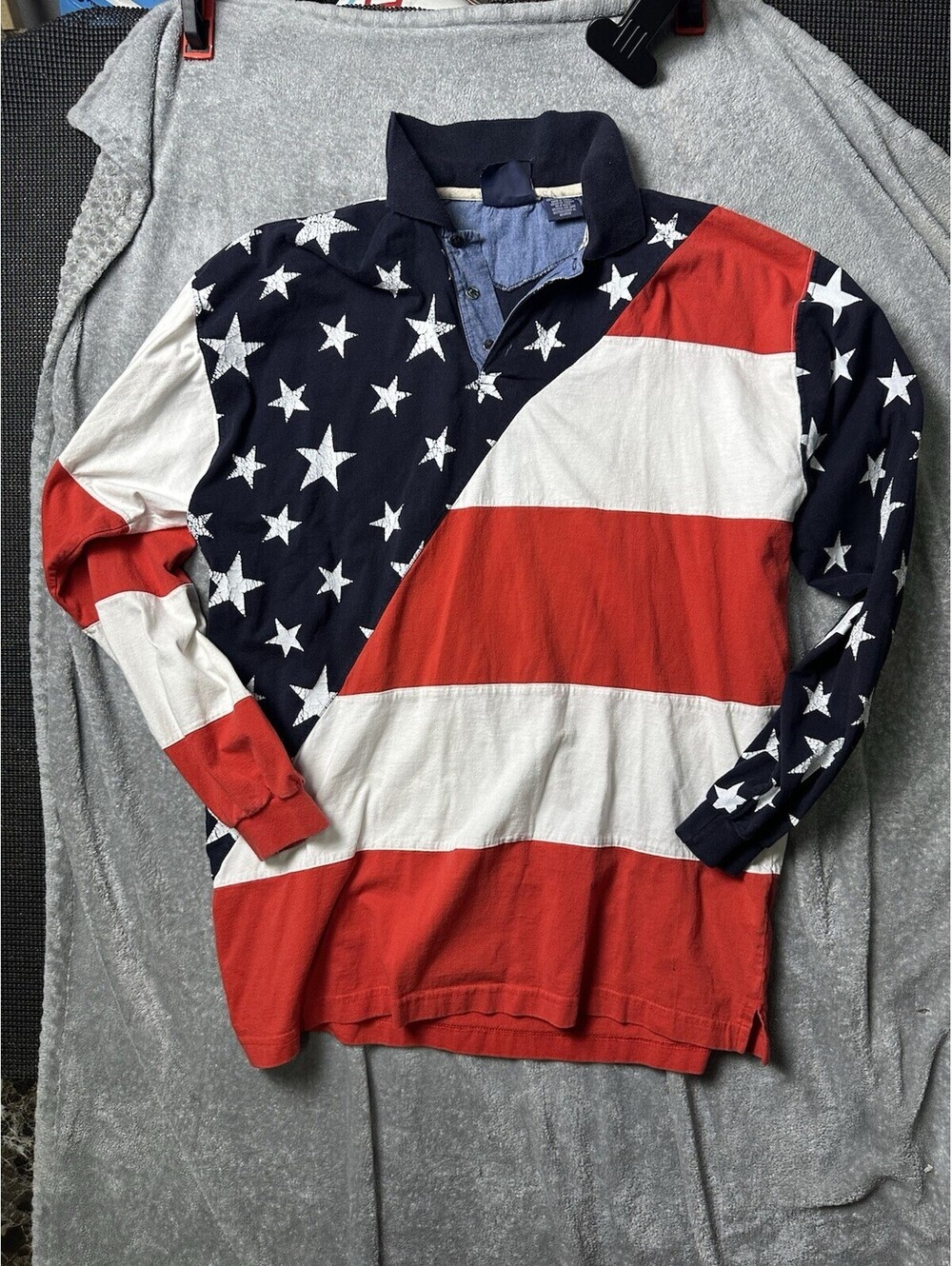 American Flag Rugby Shirt XL Time Red White Blue USA Long Sleeve Cotton
